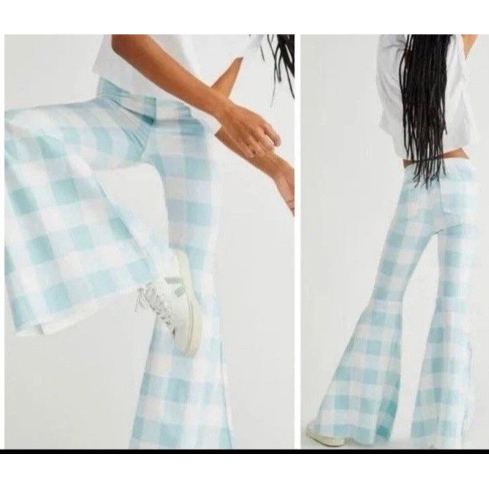 We the Free People Just Float On Wide Leg Bell Bottoms Plaid Blow White Sz 25 (Z